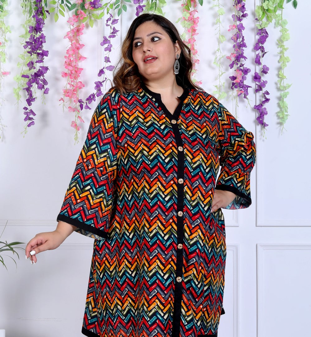 Plus Size Zig Zag Print Cotton Blend Black Tunic Dress-1300008