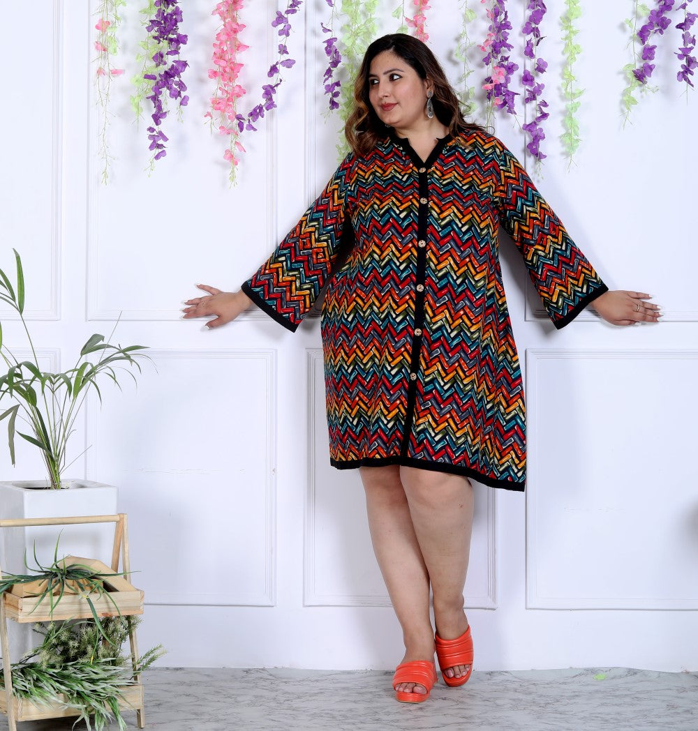 Plus Size Zig Zag Print Cotton Blend Black Tunic Dress-1300008