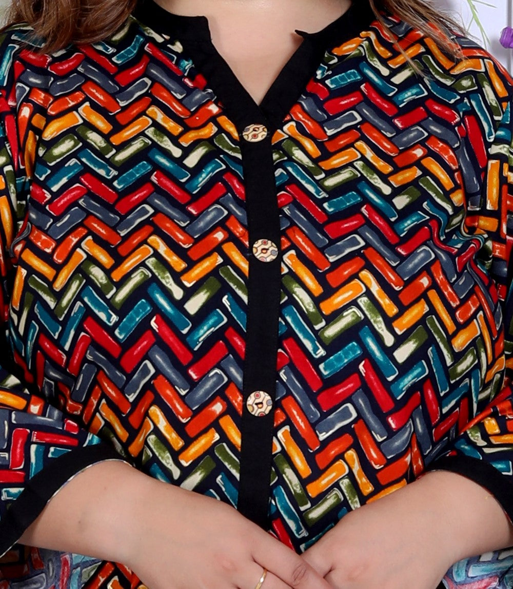 Plus Size Zig Zag Print Cotton Blend Black Tunic Dress-1300008