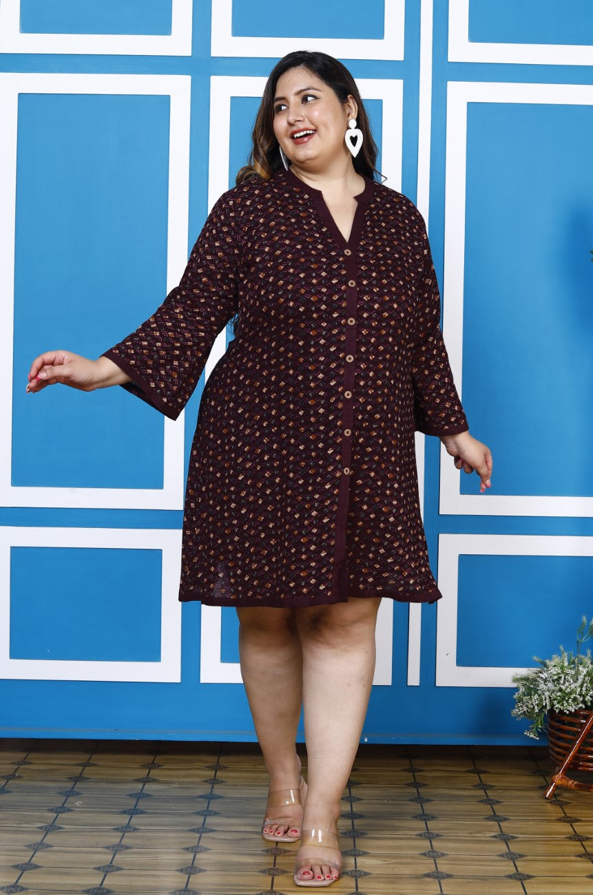 Plus Size Printed Women Purple Tunic Dress-1300009