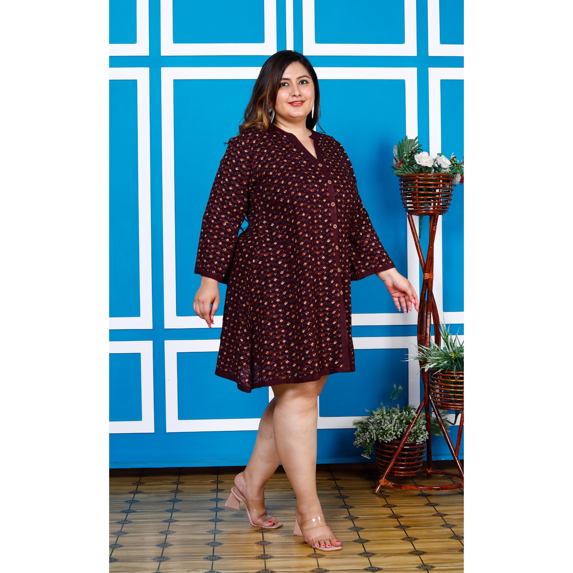 Plus Size Printed Women Purple Tunic Dress-1300009