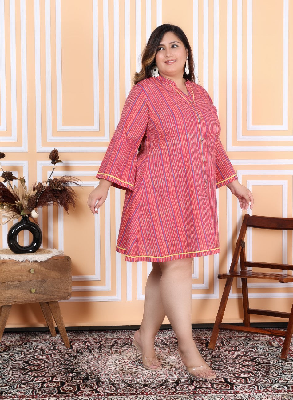 Plus Size Printed Women Pink Tunic Dress-1300011