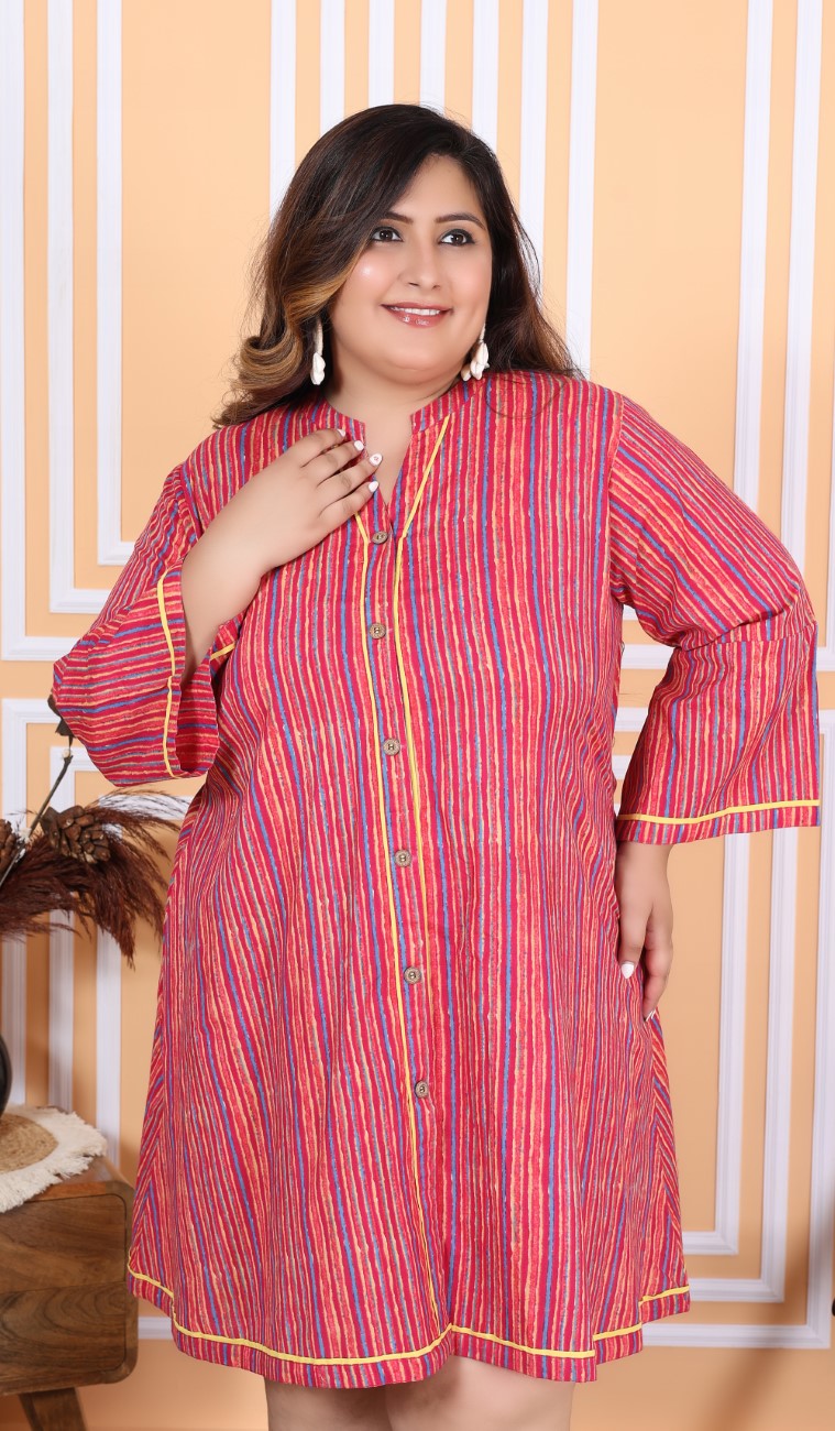 Plus Size Printed Women Pink Tunic Dress-1300011