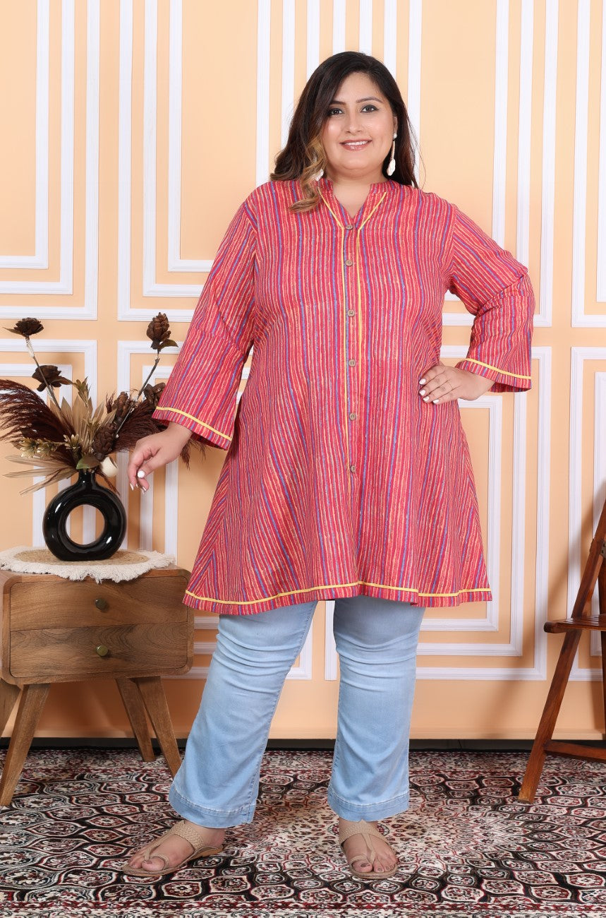 Plus Size Printed Women Pink Tunic Dress-1300011