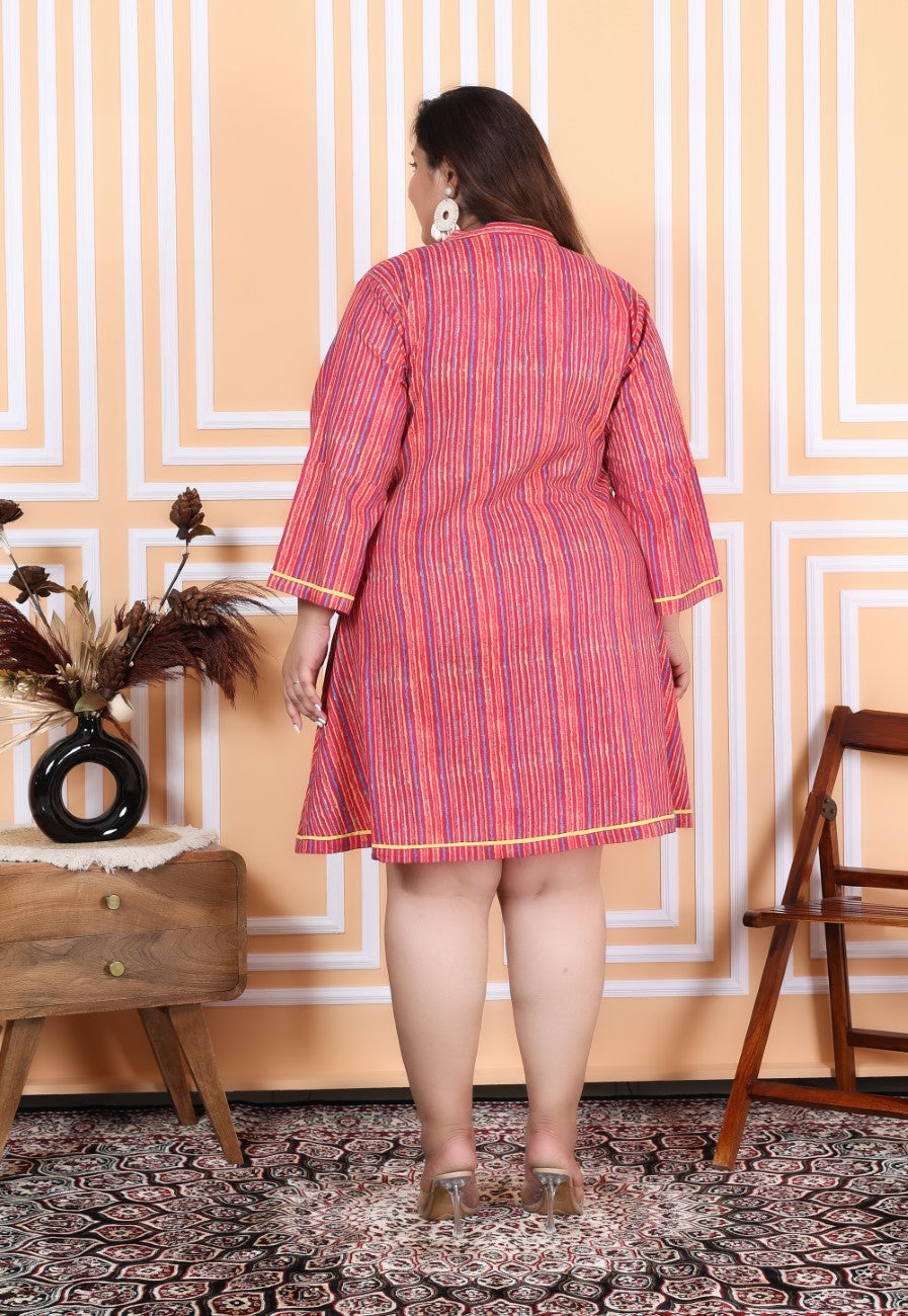 Plus Size Printed Women Pink Tunic Dress-1300011