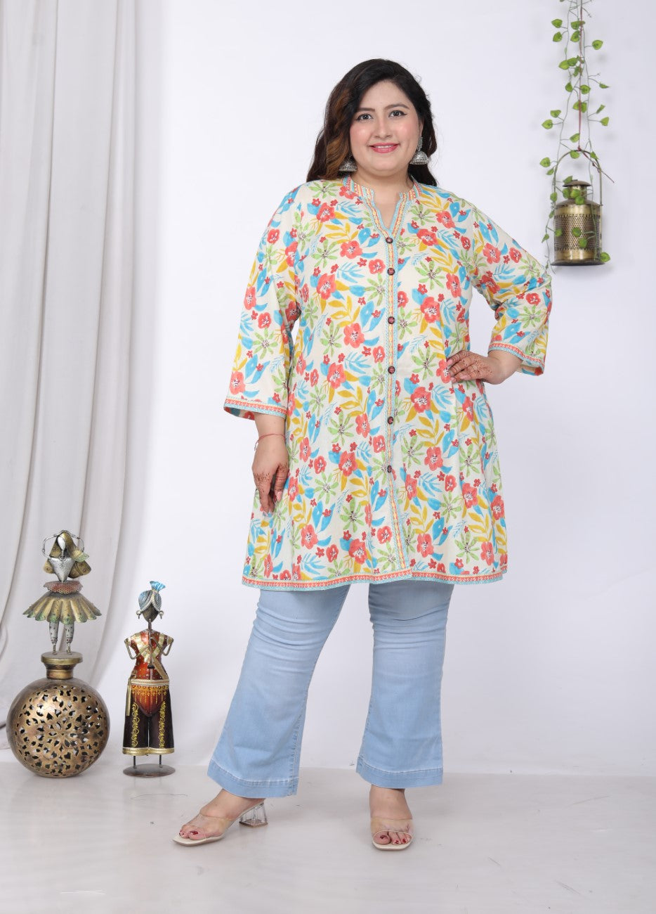 Plus Size Printed Women Off-White Tunic Dress-1300013 Main image
