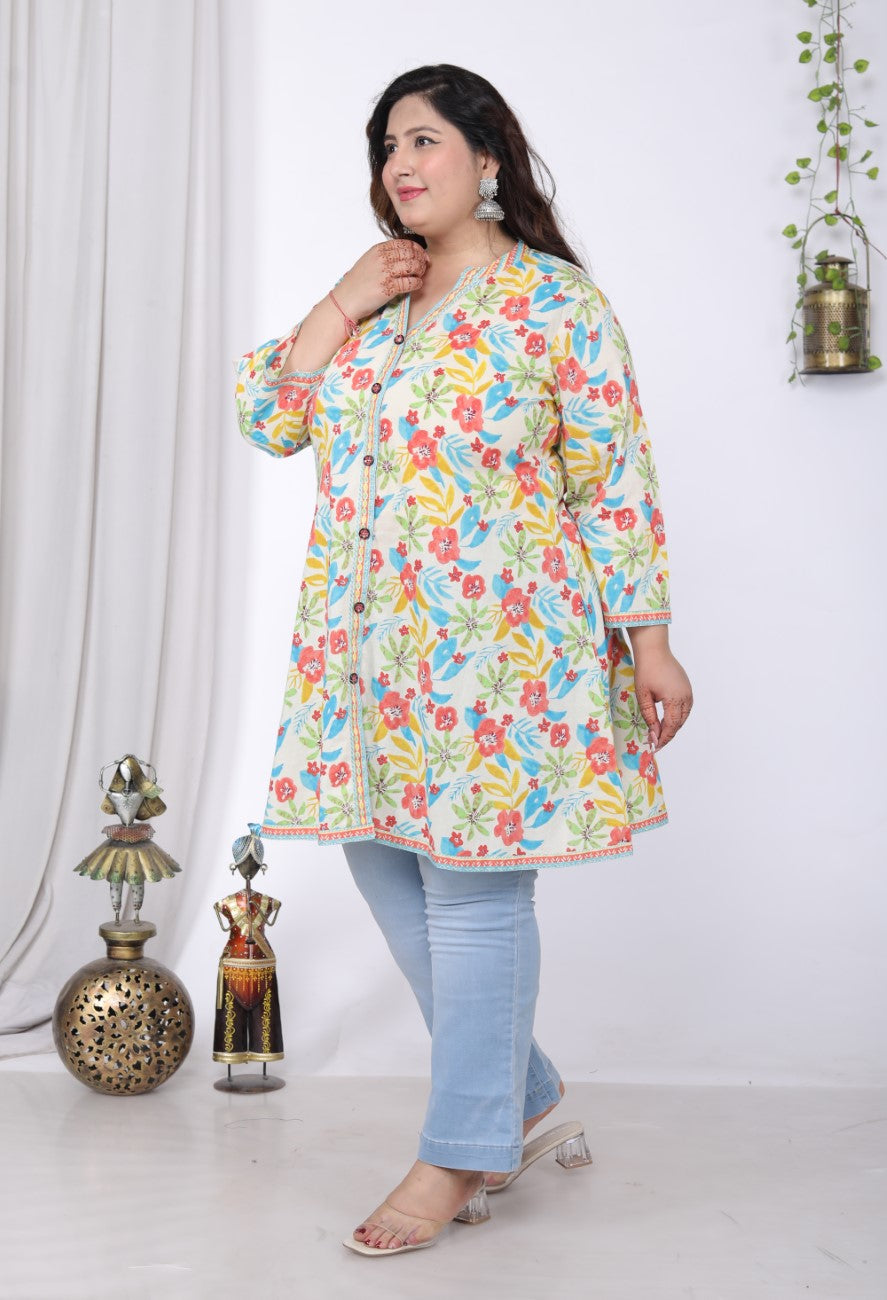 Plus Size Printed Women Off-White Tunic Dress-1300013