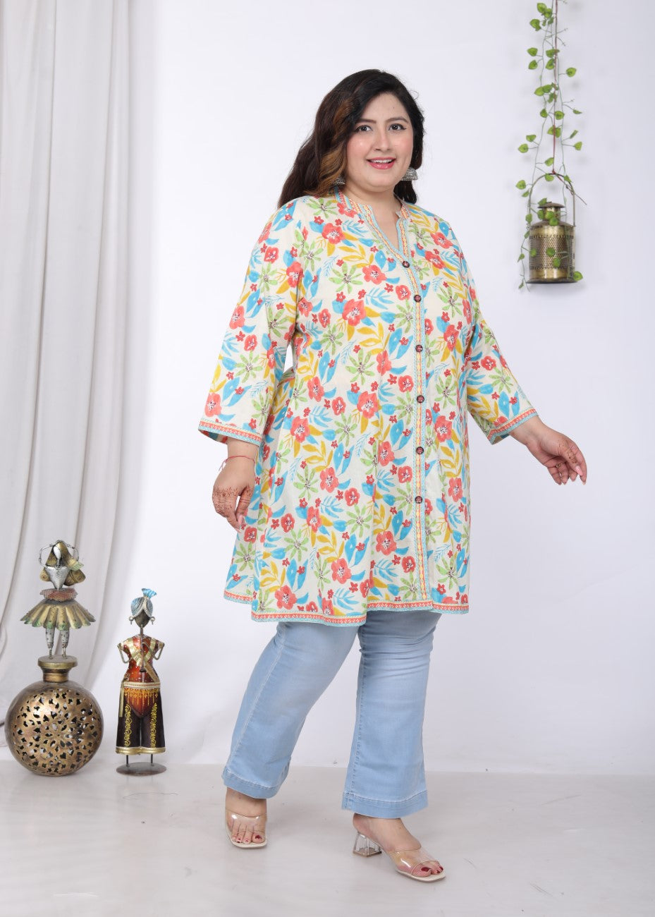 Plus Size Printed Women Off-White Tunic Dress-1300013
