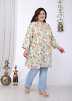 Plus Size Printed Women Off-White Tunic Dress-1300013
