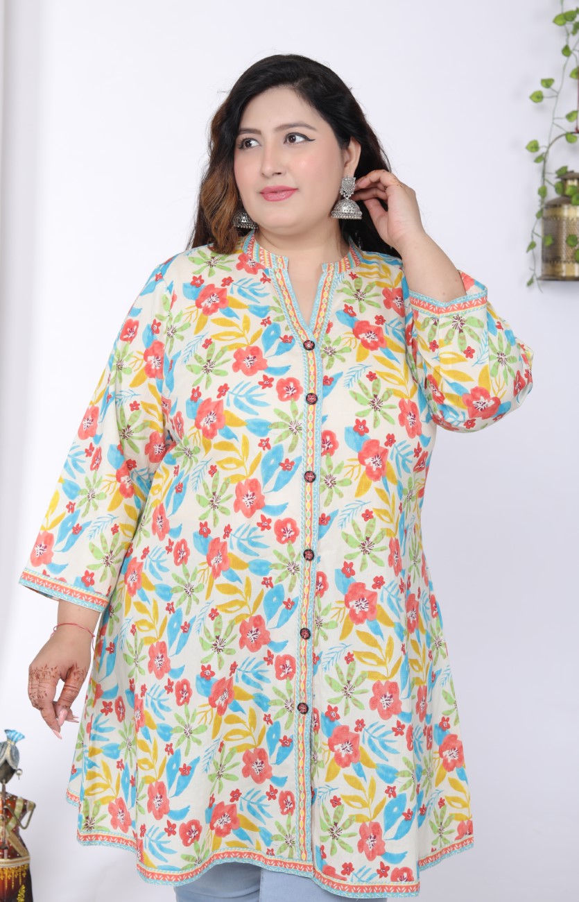 Plus Size Printed Women Off-White Tunic Dress-1300013