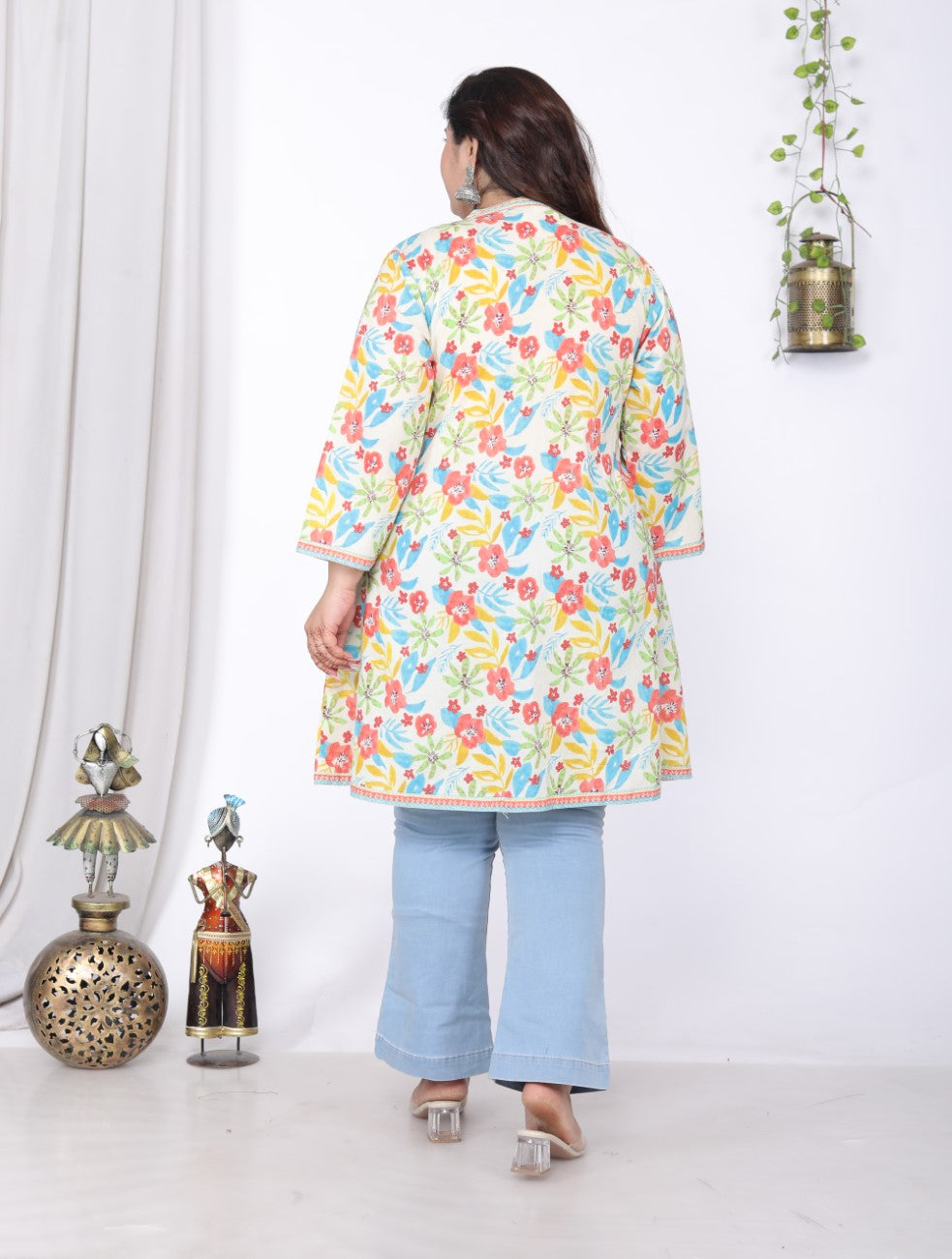 Plus Size Printed Women Off-White Tunic Dress-1300013
