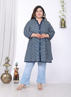 Plus Size Printed Women Blue Tunic Dress-1300014