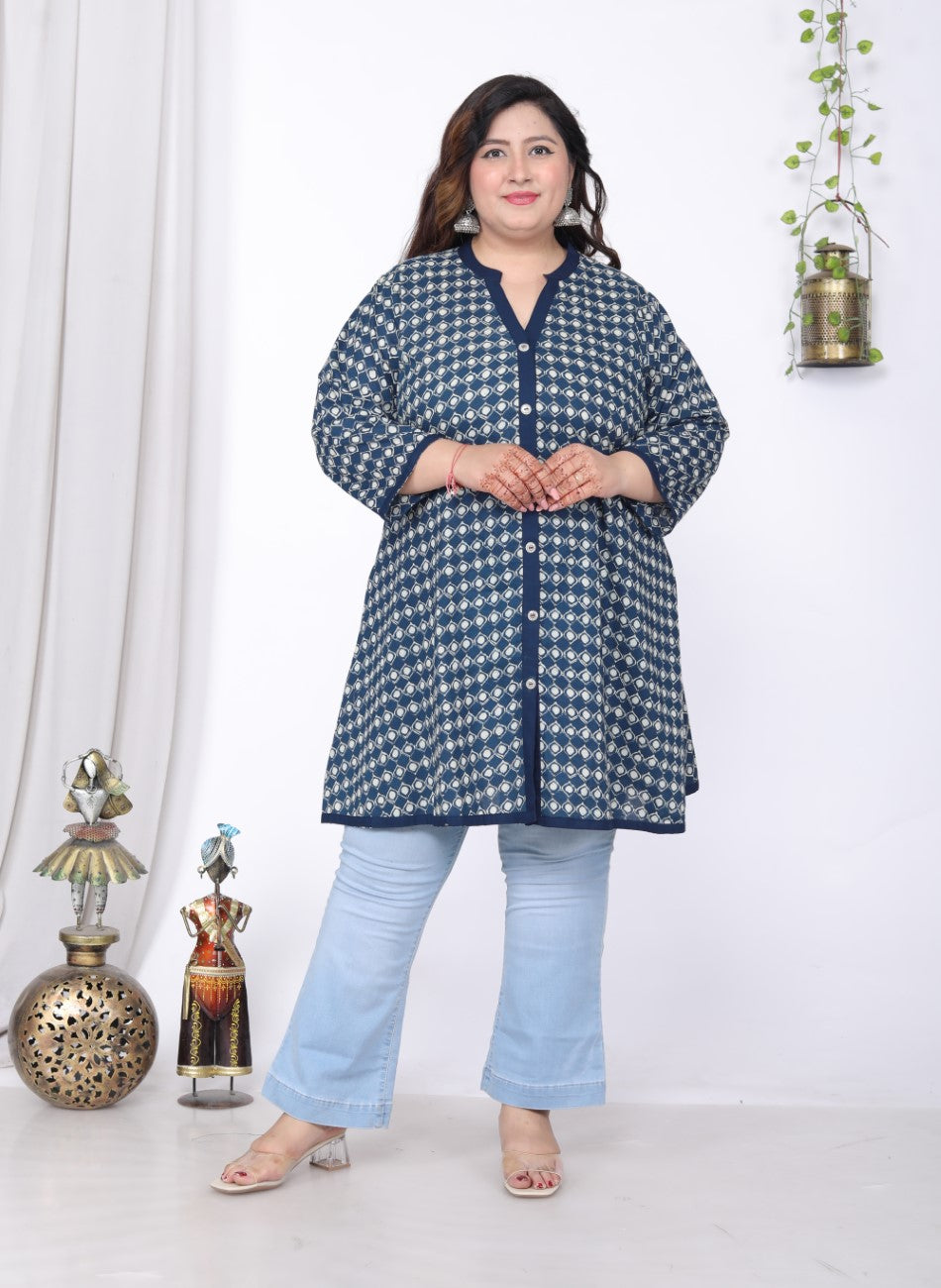 Plus Size Printed Women Blue Tunic Dress-1300014