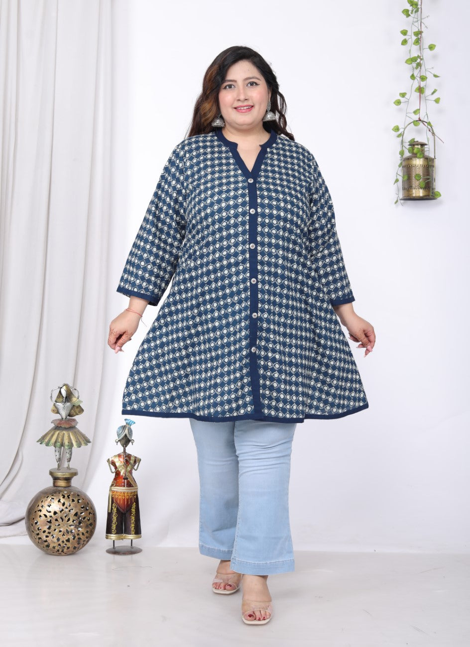 Plus Size Printed Women Blue Tunic Dress-1300014