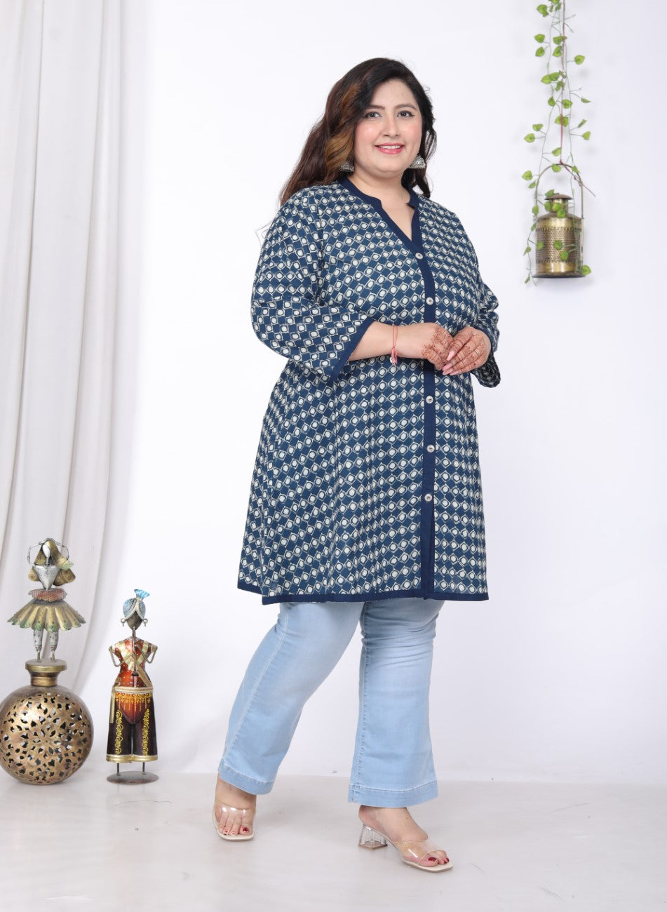 Plus Size Printed Women Blue Tunic Dress-1300014
