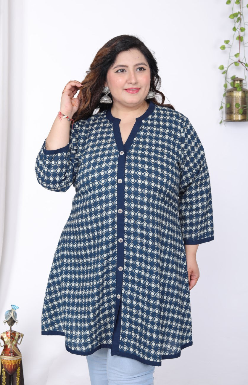 Plus Size Printed Women Blue Tunic Dress-1300014