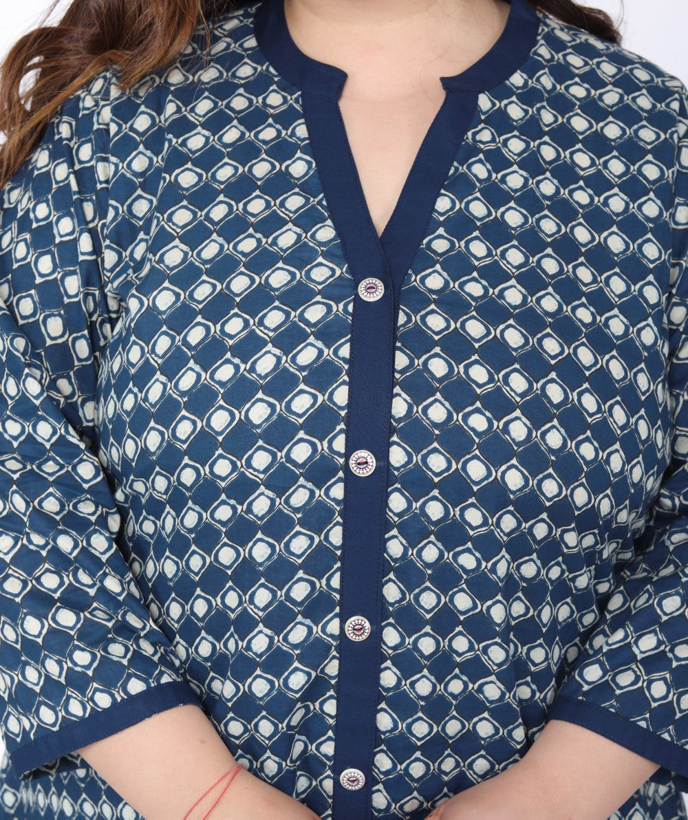 Plus Size Printed Women Blue Tunic Dress-1300014