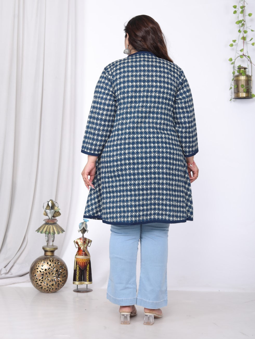 Plus Size Printed Women Blue Tunic Dress-1300014