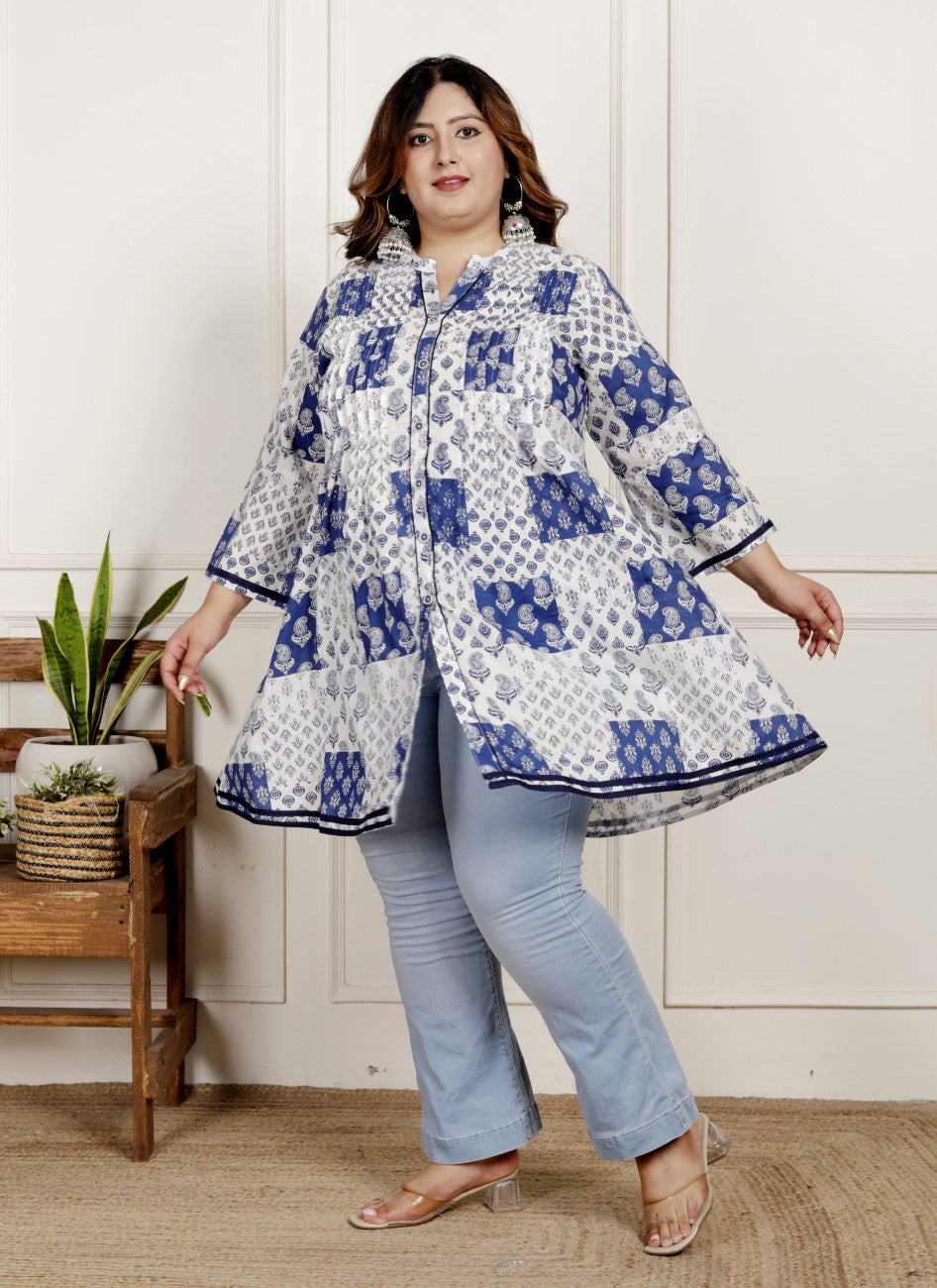 Plus Size Printed Women White Tunic Dress-1300015