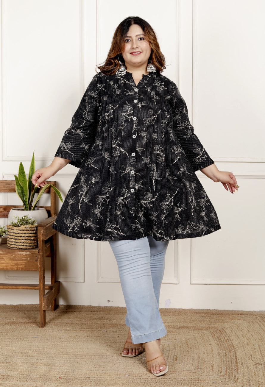 Plus Size Printed Women Black Tunic Dress-1300016