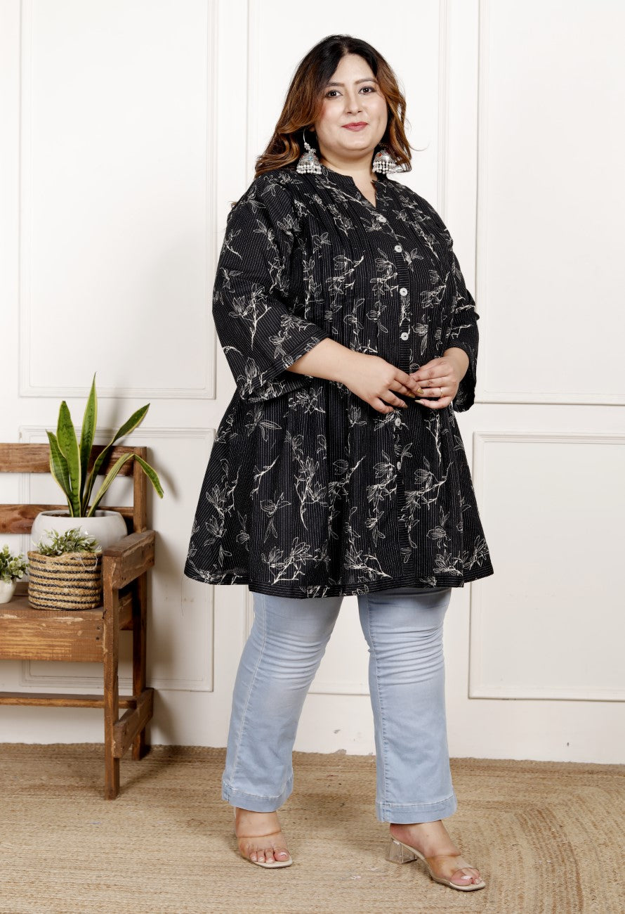 Plus Size Printed Women Black Tunic Dress-1300016