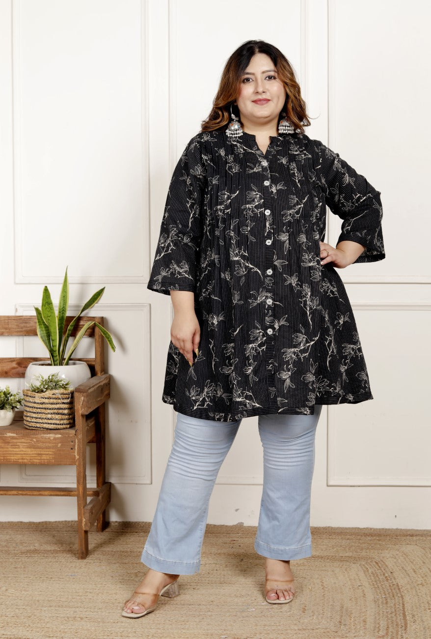 Plus Size Printed Women Black Tunic Dress-1300016