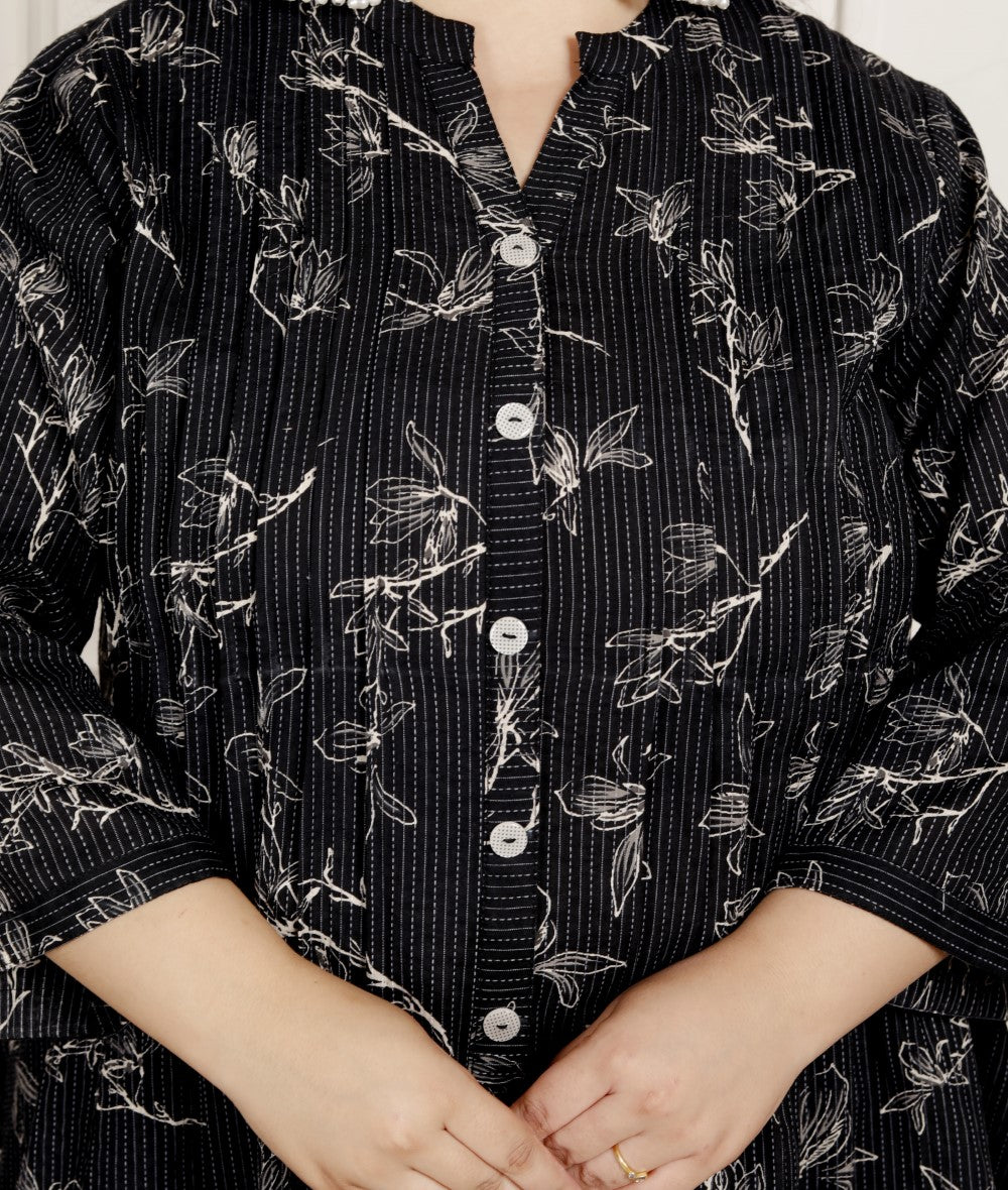 Plus Size Printed Women Black Tunic Dress-1300016