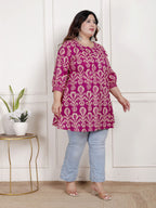 Plus Size Printed Women Pink Tunic Dress-1300017