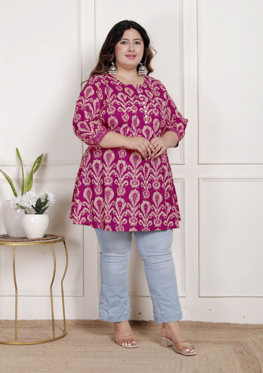 Plus Size Printed Women Pink Tunic Dress-1300017