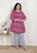 Plus Size Printed Women Pink Tunic Dress-1300017