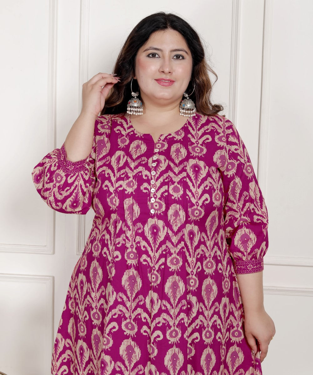 Plus Size Printed Women Pink Tunic Dress-1300017
