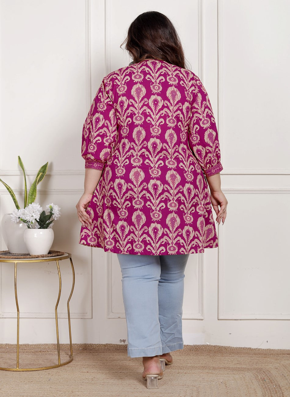 Plus Size Printed Women Pink Tunic Dress-1300017