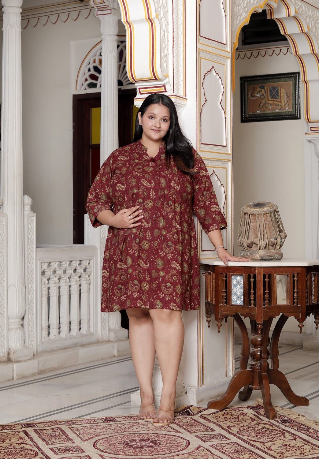 Plus Size Printed Women Maroon Tunic Dress-130021