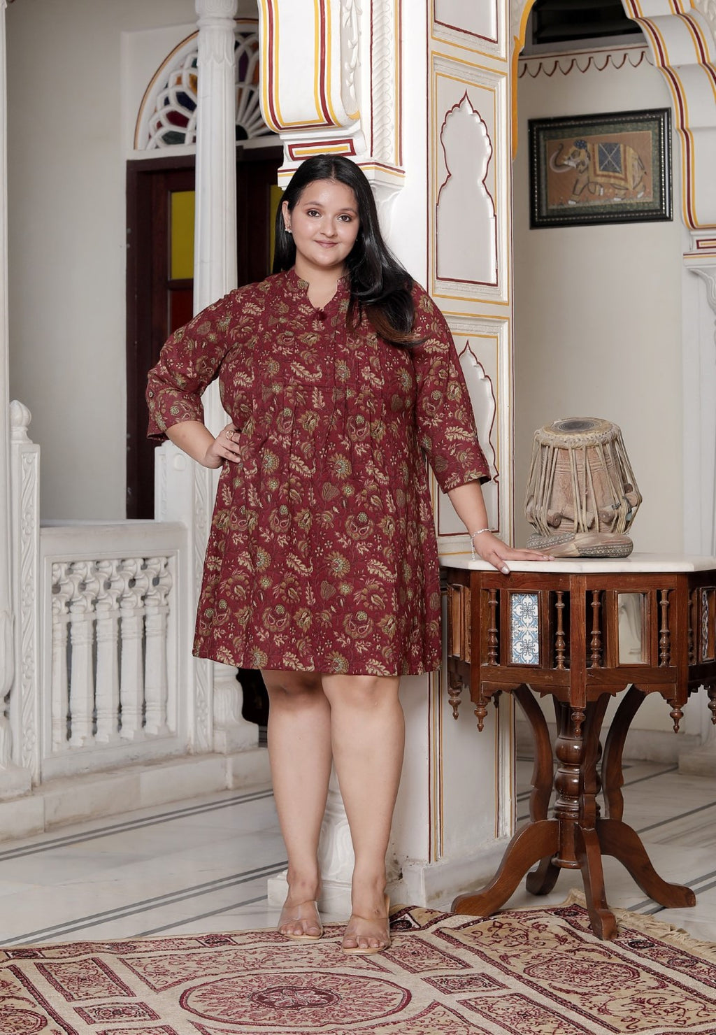Plus Size Printed Women Maroon Tunic Dress-130021