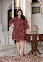Plus Size Printed Women Maroon Tunic Dress-130021
