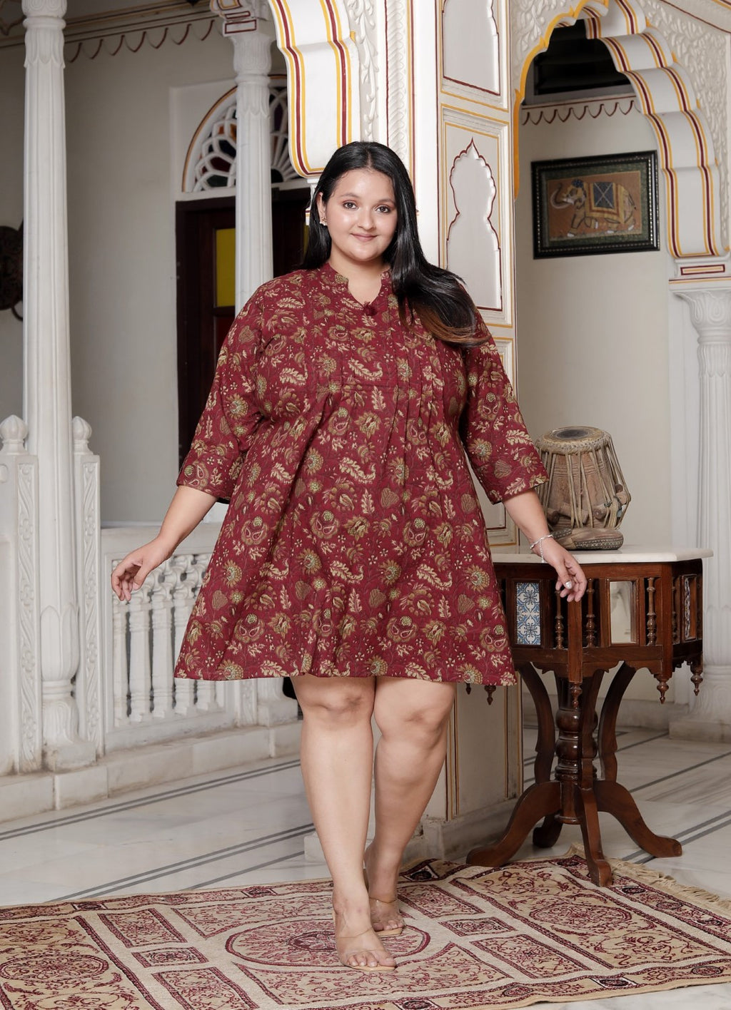 Plus Size Printed Women Maroon Tunic Dress-130021