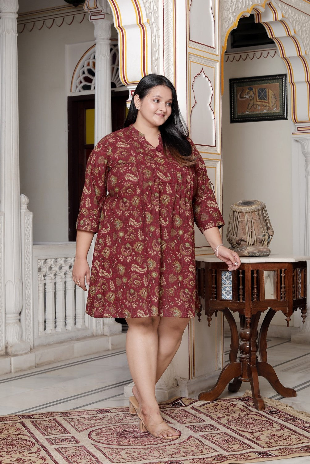 Plus Size Printed Women Maroon Tunic Dress-130021