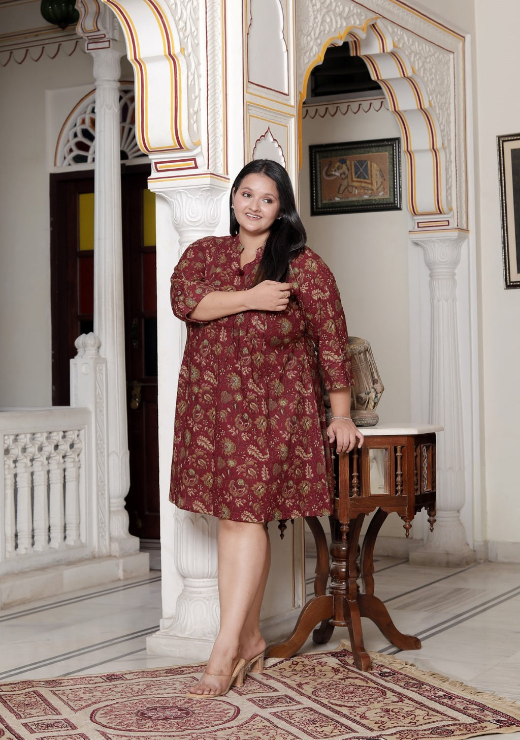 Plus Size Printed Women Maroon Tunic Dress-130021