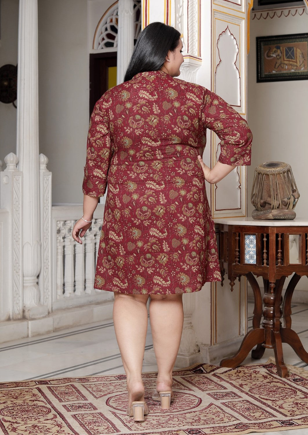 Plus Size Printed Women Maroon Tunic Dress-130021