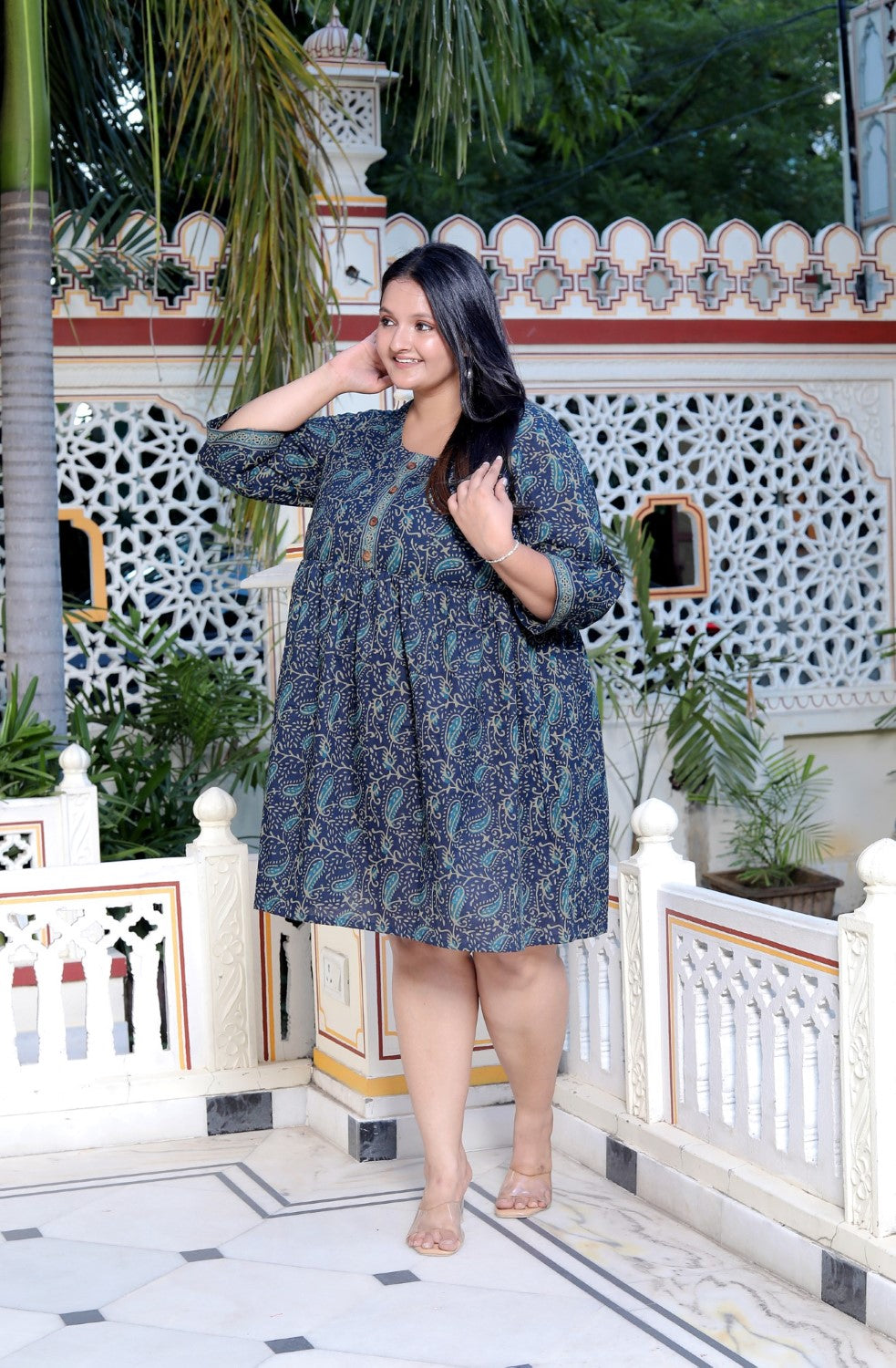 Plus Size Printed Women  Blue Tunic Dress-130022
