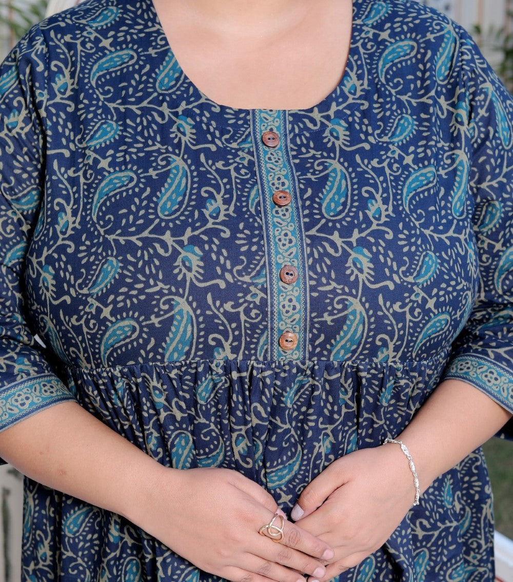 Plus Size Printed Women  Blue Tunic Dress-130022