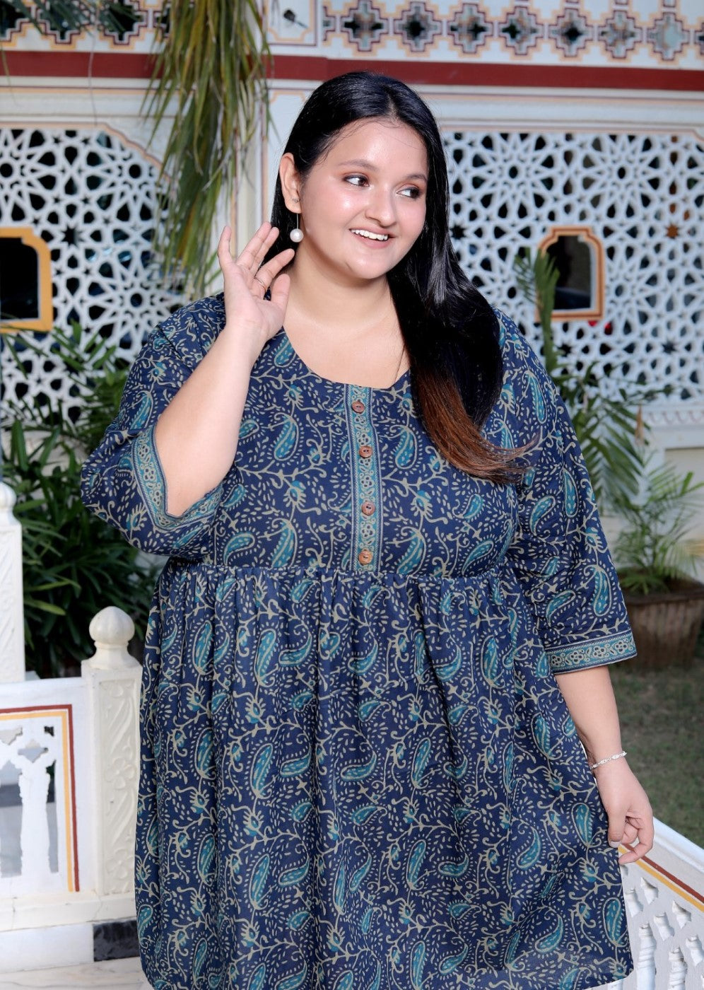Plus Size Printed Women  Blue Tunic Dress-130022