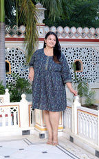 Plus Size Printed Women  Blue Tunic Dress-130022