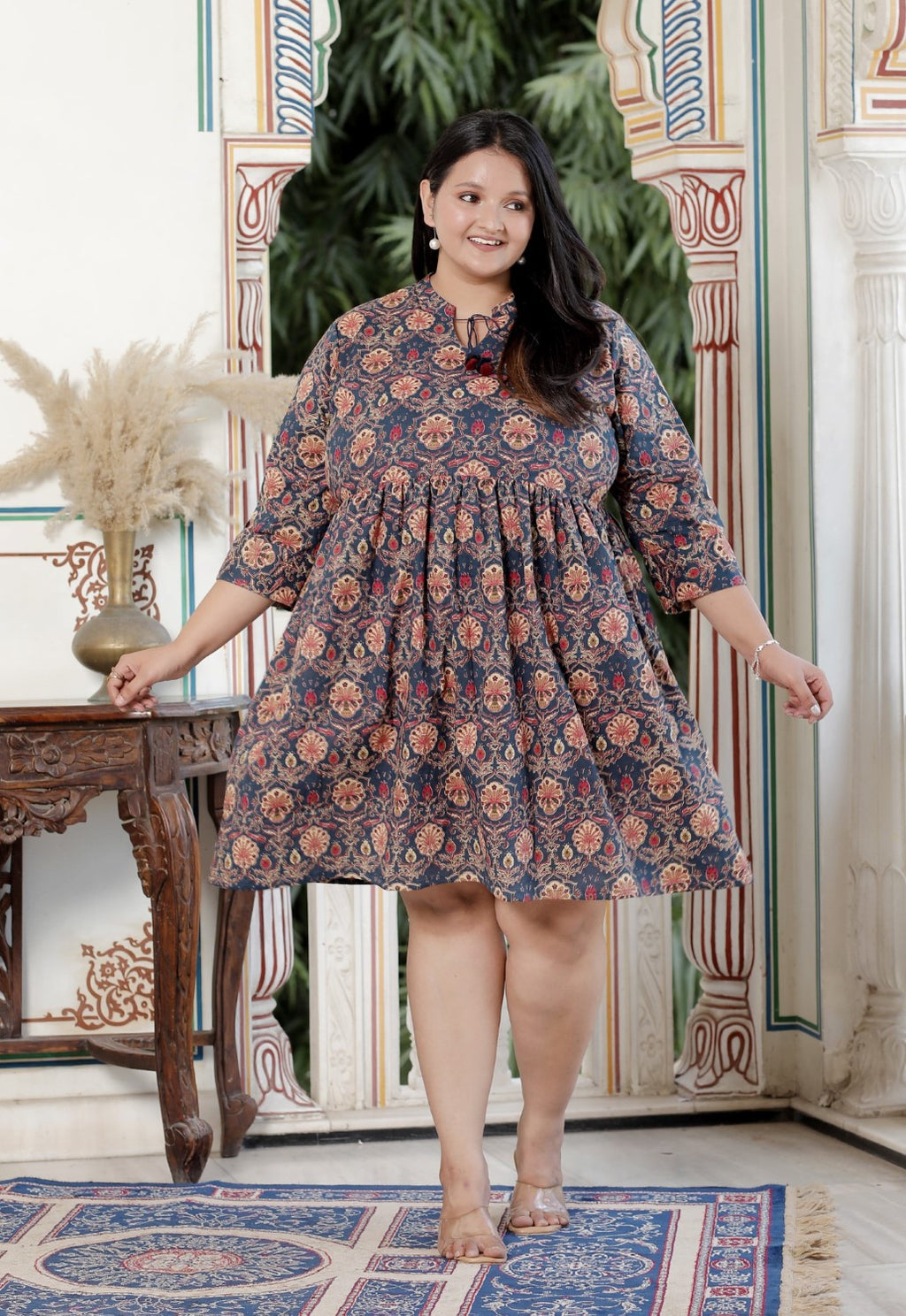 Plus Size Printed Women  Blue Tunic Dress-130023