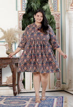 Plus Size Printed Women  Blue Tunic Dress-130023