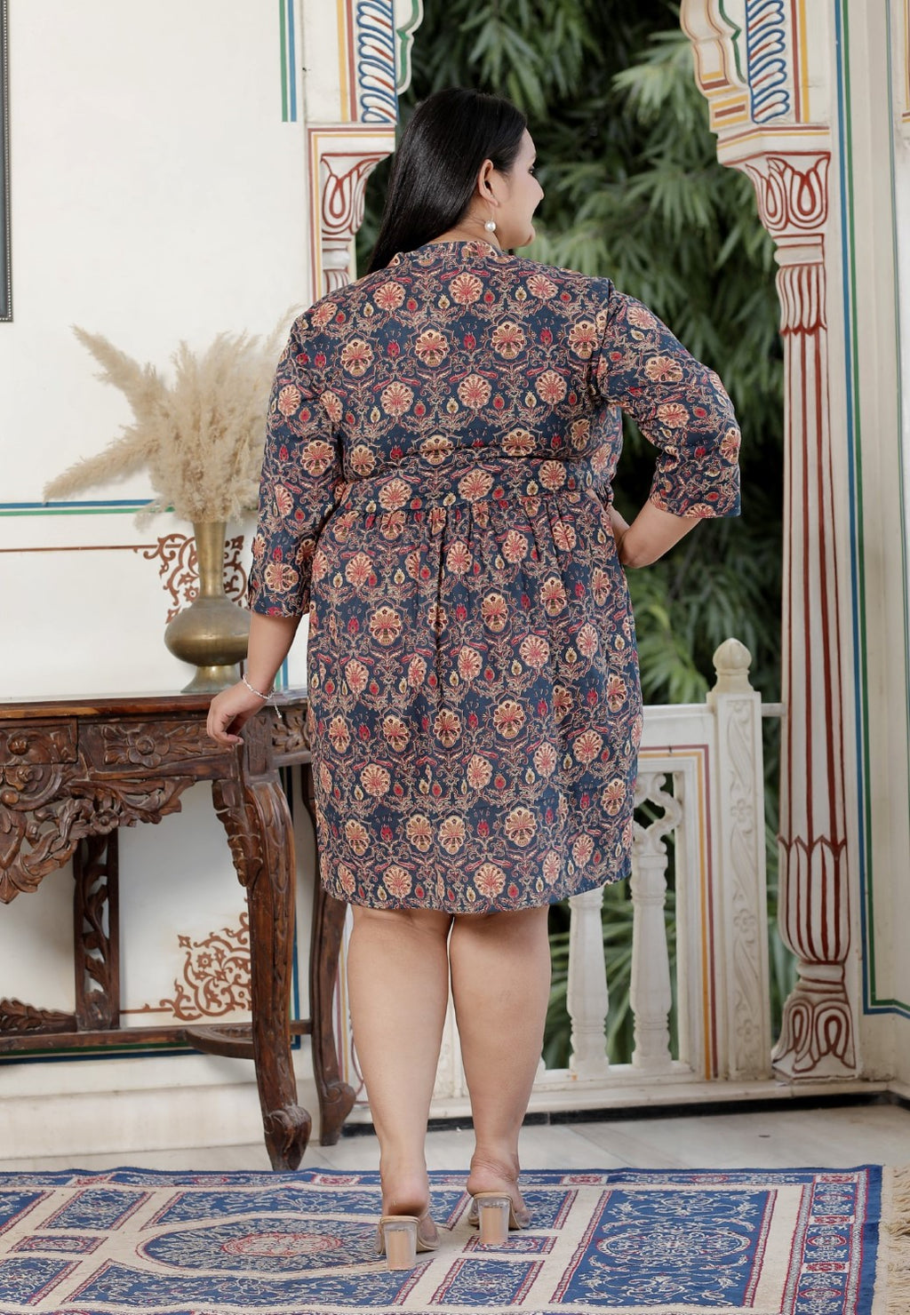 Plus Size Printed Women  Blue Tunic Dress-130023