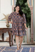 Plus Size Printed Women  Blue Tunic Dress-130023