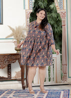 Plus Size Printed Women  Blue Tunic Dress-130023