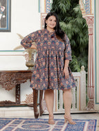 Plus Size Printed Women  Blue Tunic Dress-130023
