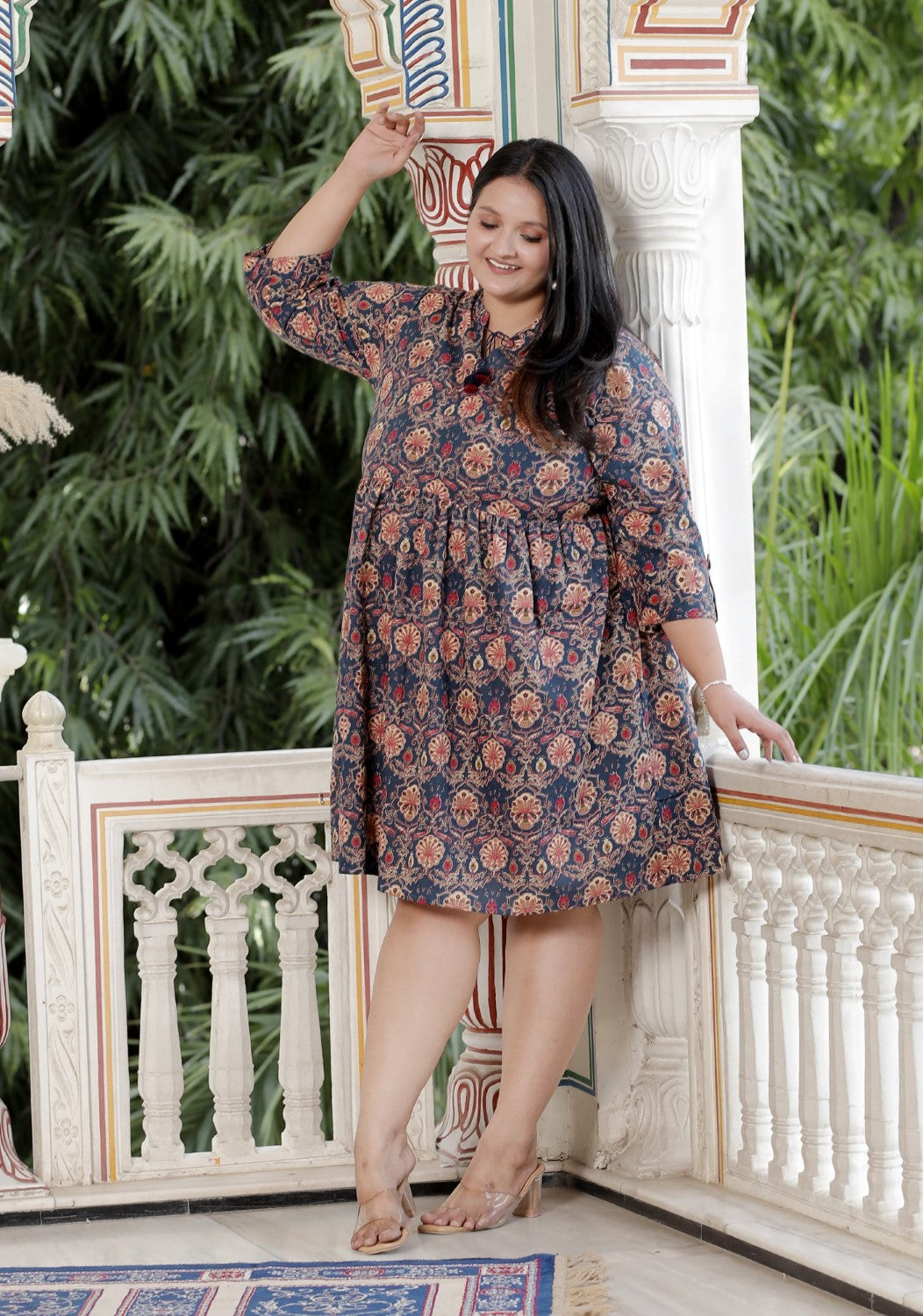 Plus Size Printed Women  Blue Tunic Dress-130023